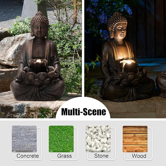 Glitzhome Zen Style Meditating Buddha Statue Fountain Polyresin Outdoor Decoration with Pump and LED Light, 23.25" H