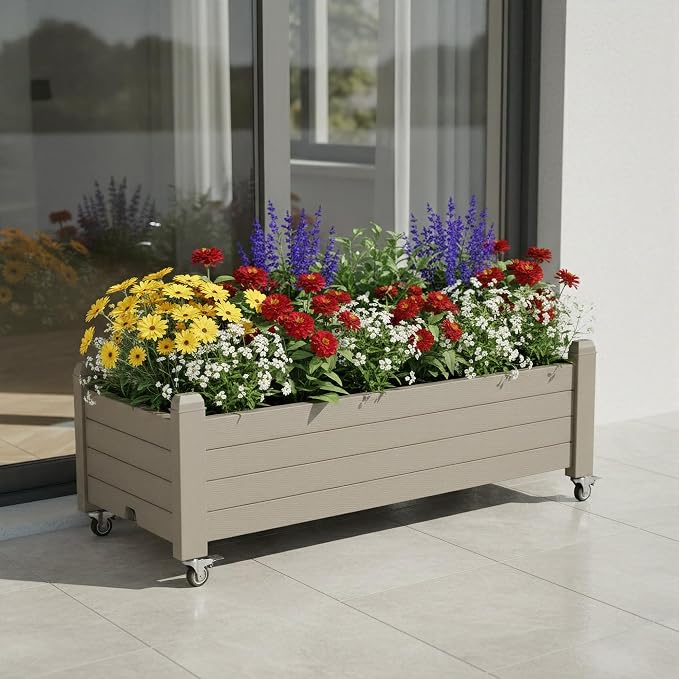 Raised Garden Bed with Wheels Outdoor, Resin Planter Box with Drain Hole and Water Level Detector for Backyard, Patio, Balcony, Gray(13.3" H)