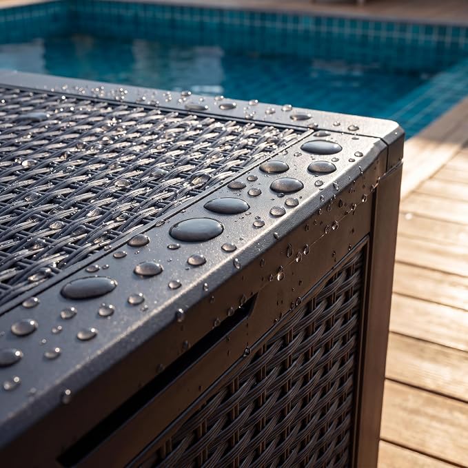 NicBex 30 Gallon Deck Box, Waterproof Resin Rattan Outdoor Storage Box Lockable for Patio Furniture, Fade Resistant Patio Side Table & Organizer for Garden Tools, Pool Floats, Outdoor Cushions, Black
