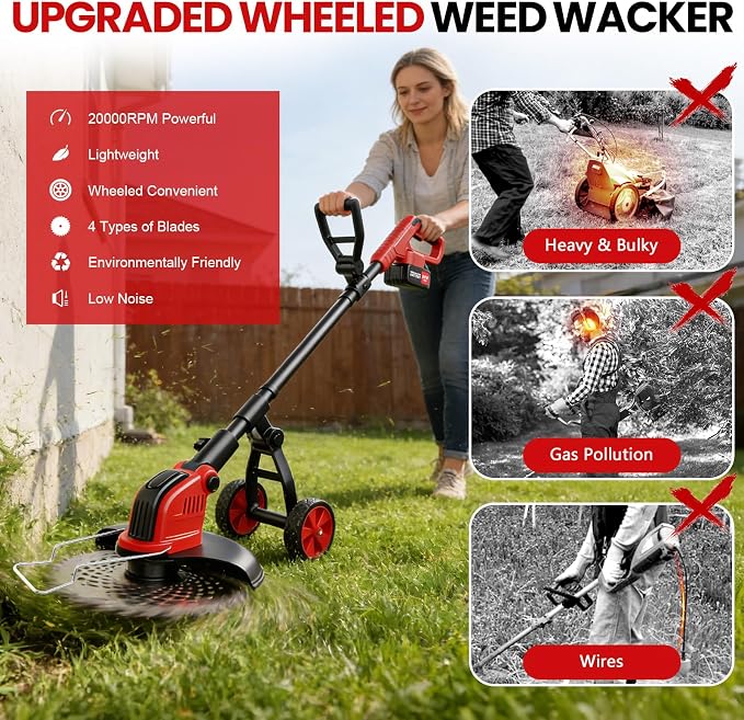 12-Inch Weed Wacker with Wheels, 2x3.0Ah 21V Battery Powered Weed Eater, Cordless Lawn Mower with 4 Types Blades, 20000RPM Electric Brush Cutter Grass Trimmer for Garden Yard