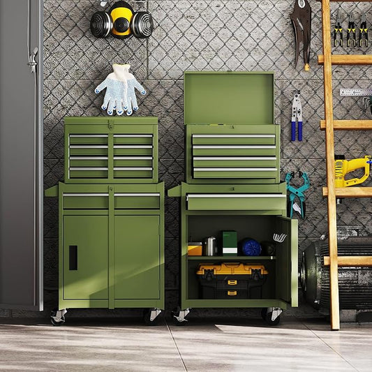Goplus Tool Chest, 5 Drawers Rolling Tool Cabinet with Detachable Top Toolbox, Universal Lockable Wheels, Lock Bar, Protective Liner & Tool Rack, Metal Tool Storage Cart, Tool Box for Garage Workshop
