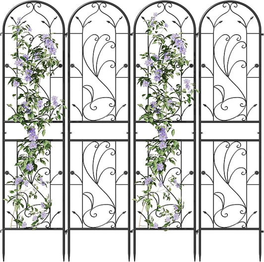 4-Pack 87" x 20" Sunflower Scroll Arch Black Metal Garden Trellises | Set of 4 rust-resistant trellises with floral scrollwork, arched tops, stakes, and support for roses, vines, or vegetables