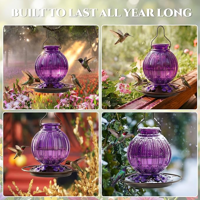 2 Pack Glass Hummingbird Feeder for Outdoors Hanging, Bird Nectar Feeder with Perch & 5 Flower Feeding Ports, 26 Oz Leak Proof for Outside Garden Decor Backyard, Gifts for Women Mom, Purple