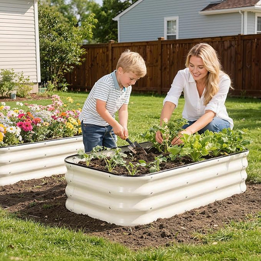 1MORE Raised Garden Bed -4X2X1 Galvanized Planter Box for Outdoor Gardening,3 in 1 Modular Raised Bed Kit with Protective Tape, Gloves for Herb,Ideal for Vegetables and Plants.White-1Pack