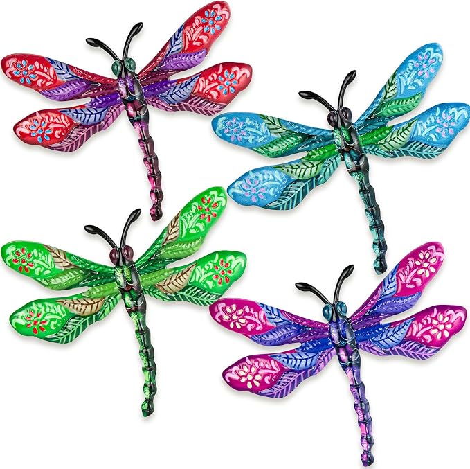 SUNREEK Metal Dragonfly Wall Decor - 9.6" Outdoor Fence Wall Art, Hanging Decorations for Garden Yard Patio Room Decorations, 4 Pack (Color-5)
