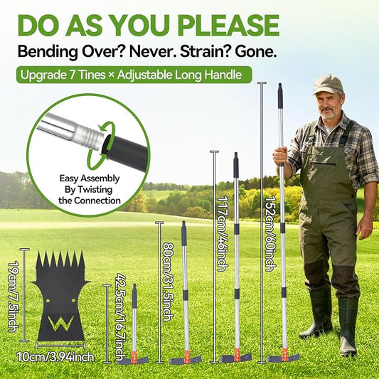 Weed Puller Tool, 60" Stand Up 2-in-1 Weed Rake & Garden Hoe | 7-Tine Heavy Duty, 60" Adjustable Handle, Cast Steel Head, Rust-Resistant, for Dandelion Crabgrass, Yard Lawn Garden