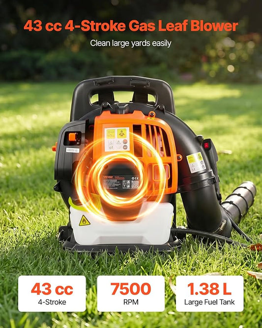 VEVOR Backpack Leaf Blower, 43CC 2-Stroke Engine Gas Powered Leaf Blower with 1.38L Fuel Tank, 447 CFM Air Volume, 150 MPH Air Speed, Ideal for Lawn Care, Leaves Cleaning, Yard Debris & Snow Removal
