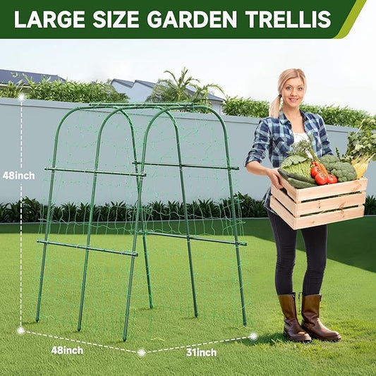 HIRALIY Cucumber Trellis for Climbing Plants Outdoor, 4ft Tall Heavy Duty Metal Garden Arch Trellis, Rustproof Plant Support Tunnel for Tomato, Grape, Bean, Raised Bed and Vegetable Gardens, Green
