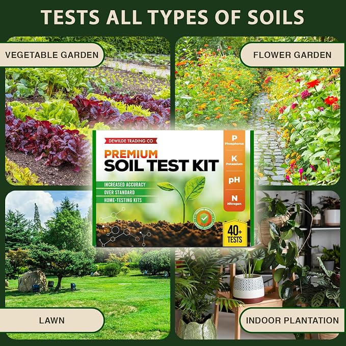 Premium Soil Test Kit: 40 Complete Tests for Lawns, Gardens, and Vegetables. Tests for Ammonia Nitrogen, pH, Phosphorus, and Potassium.