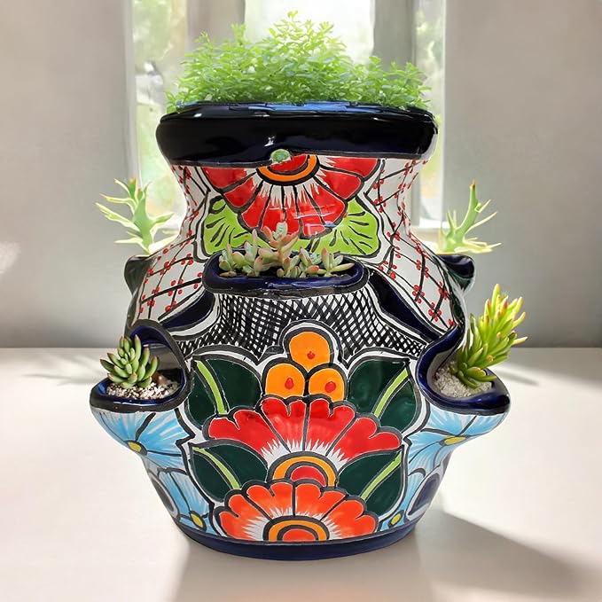 Evergreen Garden Talavera Mexican Strawberry Pottery Ceramic 10 inch Plant Pots | Flower Pots for Indoor Plants | Succulent Planters (10 in. Sky Blue)