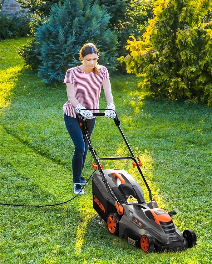 DOVAMAN 13Amp 16" Lawn Mower, 98% Collection, 13.2-Gallon Bag, 5-Position Height Adjustment, 3-Step Quick Vertical Fold Storage, 2-in-1 Mulching & Bagging, Corded Lawn Mower for Your Garden