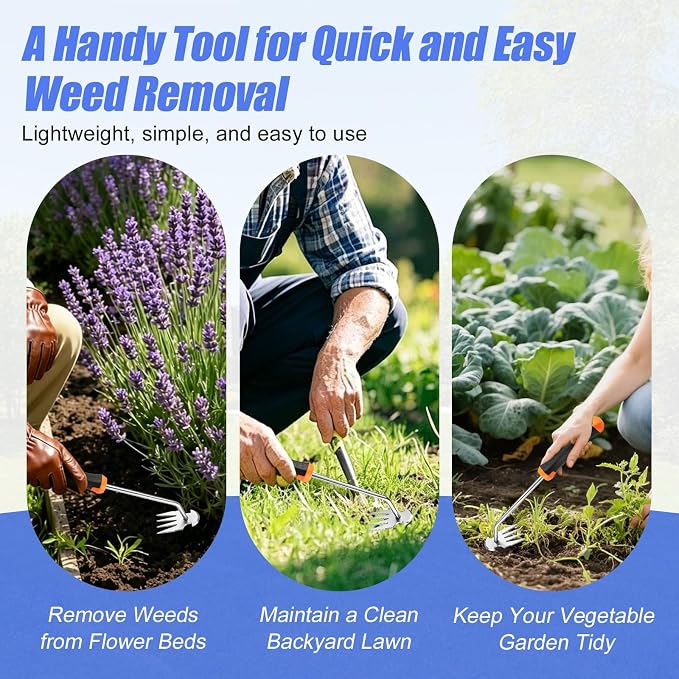 Weed Remover Tool for Garden, Portable Stainless Steel Hand Weeder Tool, 13.3" Manual Weed Puller with Rubber Grip for Lawn, Flower Beds & Vegetable Gardening (Rubber Handle)