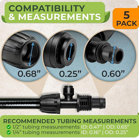 Carpathen Drip Irrigation Parts - 5PCS 1/2" to 1/4" Barbed Tee Quick Connector - Lock Reduced 1-Way T Connector - Drip Irrigation Fittings