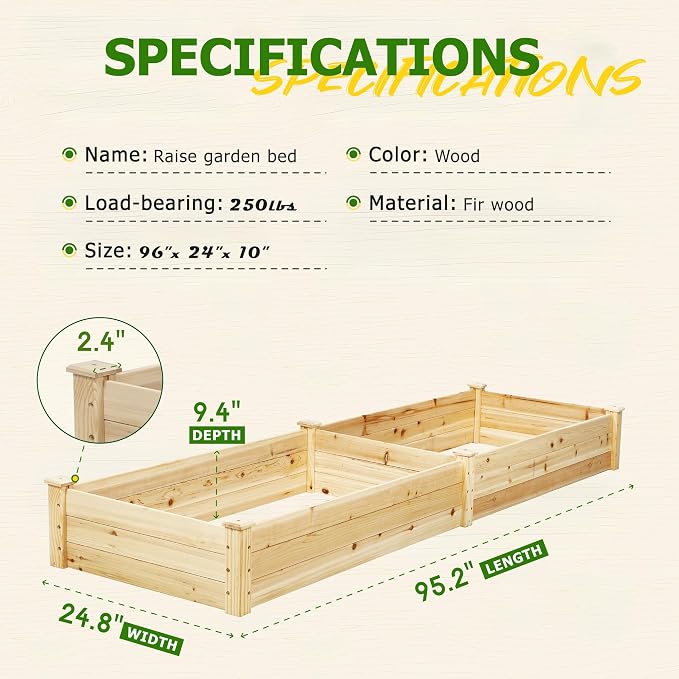 8FT Wooden Raised Garden Bed - Elevated Planter Box for Vegetables, Flowers - Natural Outdoor Planting Kit for Patio, Yard, Backyard