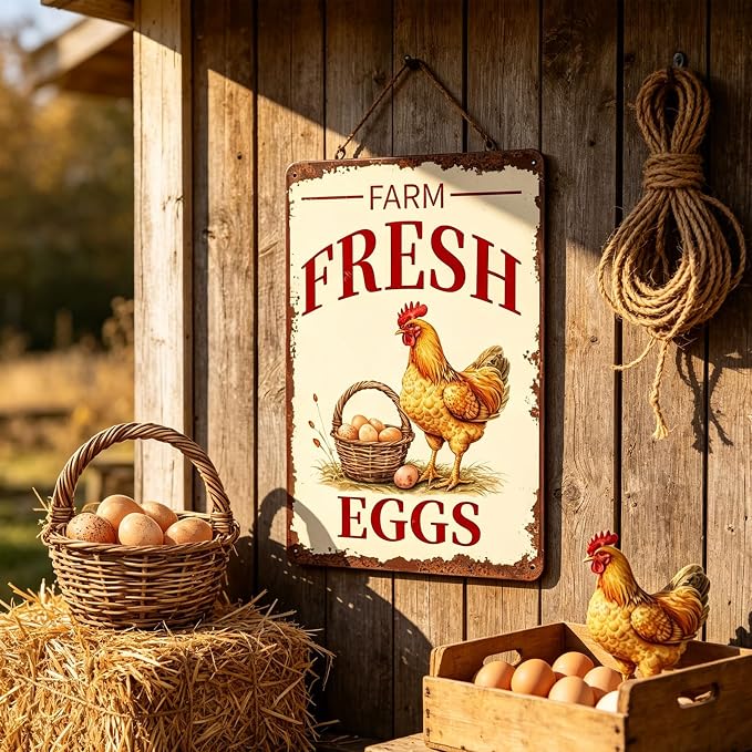 Metal Signs Farm Fresh Eggs Chicken Vintage Tin Sign for Farmhouse Chicken Coop Farm Kitchen Wall Decor 12x8 Inch