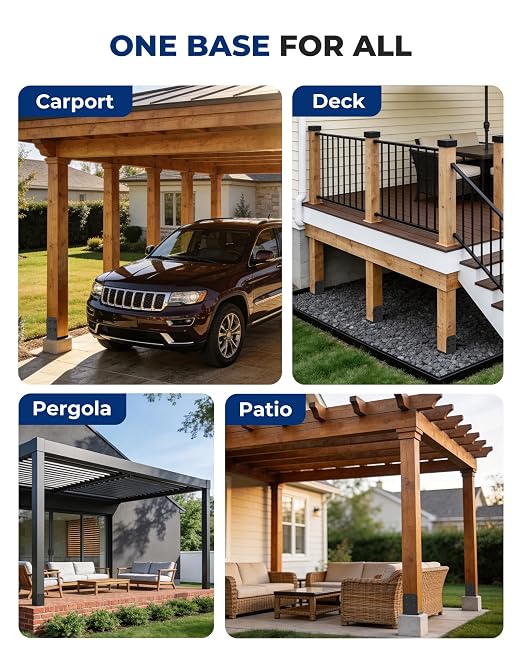 8x8 Post Base Brackets 4-Pack (7.5x7.5in Actual) - Heavy Duty Deck Post Anchor for Pergola, Gazebo, Playset - Black Powder Coated Steel with Standoff