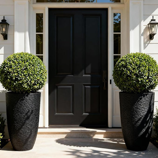 Worth Garden 21" H Tall Planters 2 Pack - 14'' Dia Resin Large Round Black Flower Pots for Outdoor Plants Trees - Imitation Stone Finish Plastic Indoor Front Porch 9 Gallon Decorative Container Patio