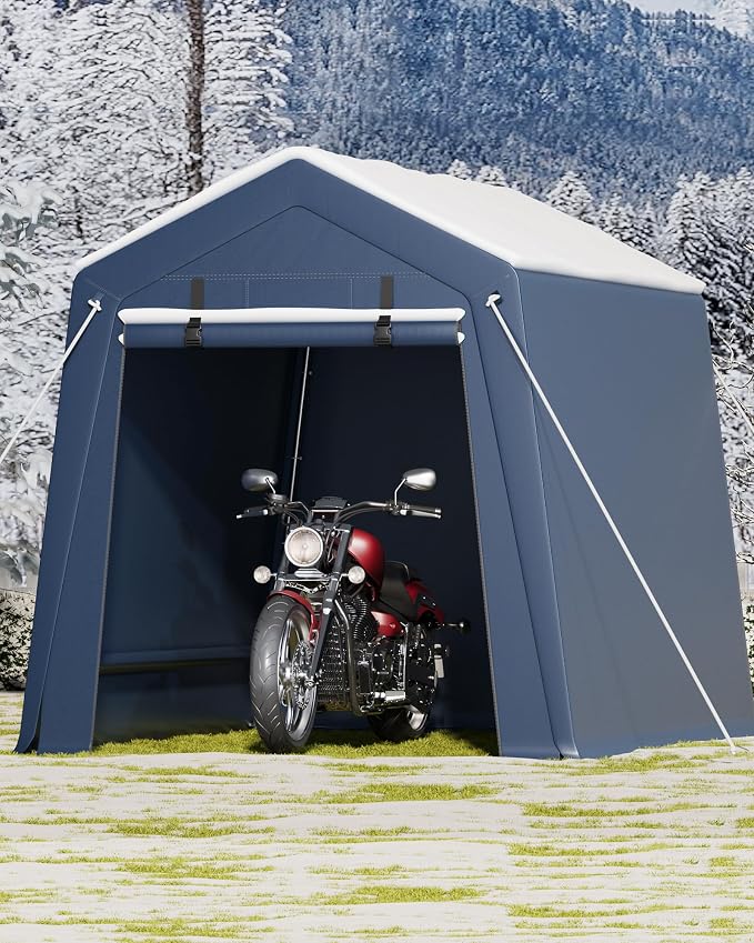 GarveeLife 6x8 FT Outdoor Storage Shed, Portable Carport with Roll-up Ventilated Zipper Door and Windows, Heavy Duty Waterproof Tarp, Storage Sheds for Motorcycle, Bike, Firewood, Garden Tools