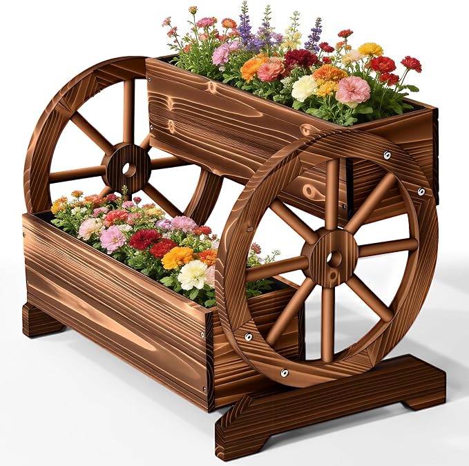 24" Extra Large Rustic 2-Tier Wooden Wagon Planter Box | Carbonized wood flower cart with 2 tiers, drainage holes, liner, and wagon wheels for porch, patio, and garden decor