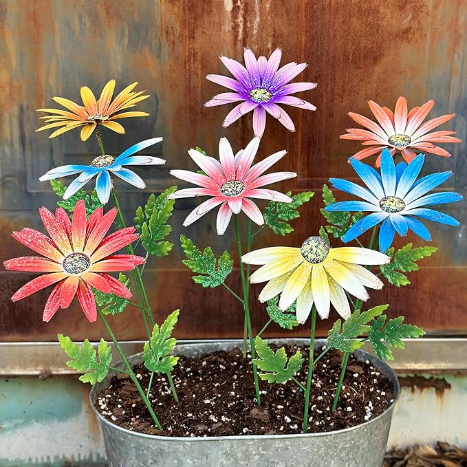 Metal Flowers for Outside, 8 Pack Decorative Garden Stakes with Spring Design, 16.5 Inch Handmade Iron Outdoor Metal Garden Decor, Flickering Daisy Yard Art for Patio Lawn