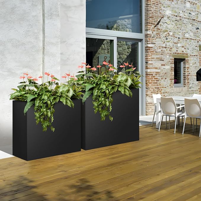 28"x12"x28" Large Metal Planter Box, Heavy-Duty Rust Resistant Steel Planter with Drainage Hole, Modern Rectangular Planter for Outdoor Indoor Patio Garden Yard (Black)