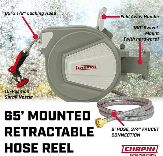 Chapin 5997 Garden Hose Reel, 65-feet Retractable, Wall Mounted Heavy-Duty Case, 180° Swivel Frame Mount, Automatic Retract, Locking Hose, 10 Position Metal Garden Hose Spray Nozzle