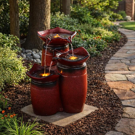 Teamson Home 3 Tiered Floor Water Glazed Pots Fountain with LED Lights and Pump for Outdoor Patio Garden Backyard Decking Décor, 20 inch Height, Gradient Red | Glazed Pots, LED Lights, Pump Included, Outdoor Patio Garden Backyard Decking Décor