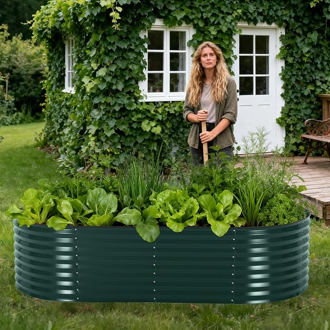 Garvee Galvanized Raised Garden Bed Large Oval Kit with Cover Zippered Screen Doors, Open Base Design, Thick Steel, Easy Assembly, Planter Box for Vegetables, Flowers (Dark Green, 8x4x2 ft)