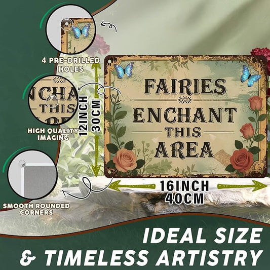 PEACHGARDEN Funny Garden Signs Vintage Metal Tin Sign Enchanted Fairy Wall Art Decor for Garden Patio Yard Plant Room Greenhouse She Shed 12x16 inch