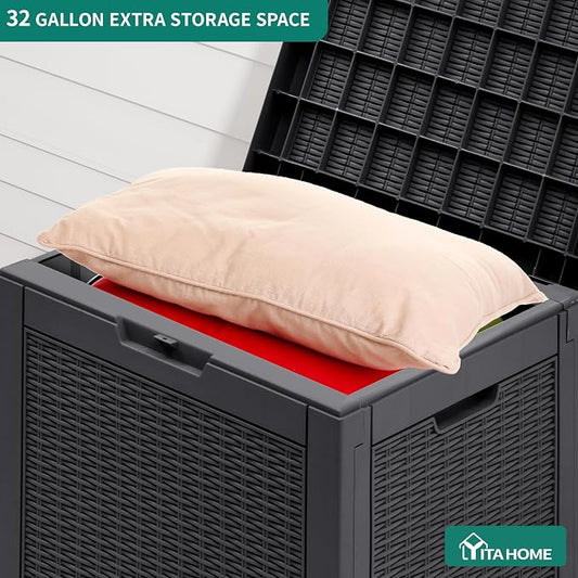 YITAHOME 32 Gallon Rattan Deck Box | Indoor Outdoor Storage Box for Patio Furniture, Pool Accessories, Cushions, Garden Tools, Sports Equipment, Waterproof Resin