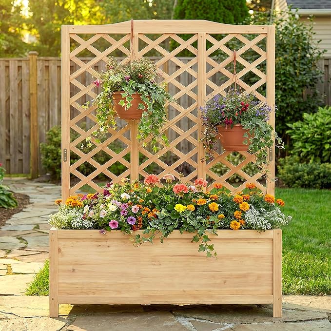 Wooden Raised Garden Bed with Trellis, Freestanding Planter Box with Drainage for Vines Climbing Plants Flowers Herbs, Elevated Gardening Planter for Backyard Balcony Patio