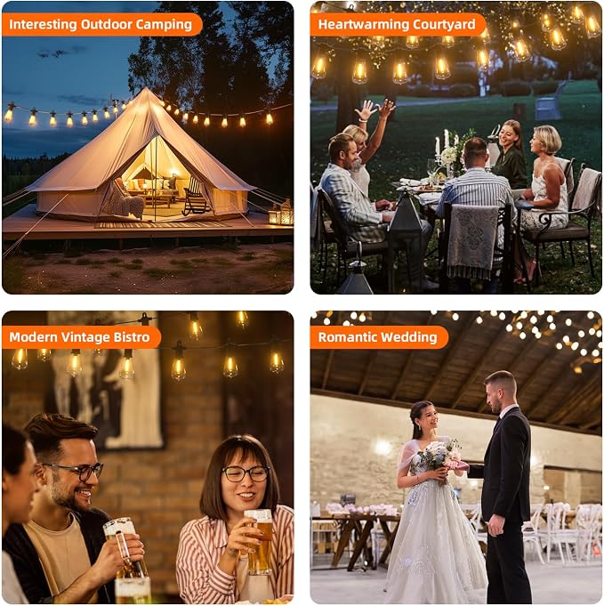 Kawaya Solar Powered String Lights: 50 FT LED Outdoor Patio Hanging Lights with 25+2 Edison Bulbs - USB-Charging - IP65 Waterproof Shatterproof Edison Bulbs for Bistro Cafe Camp Yard Balcony