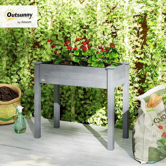 Outsunny Raised Garden Bed with Legs, 34" x 18" x 30", Elevated Wooden Planter Box, Self-Draining with Bed Liner for Vegetables, Herbs, and Flowers Backyard, Patio, Balcony Use, Dark Gray