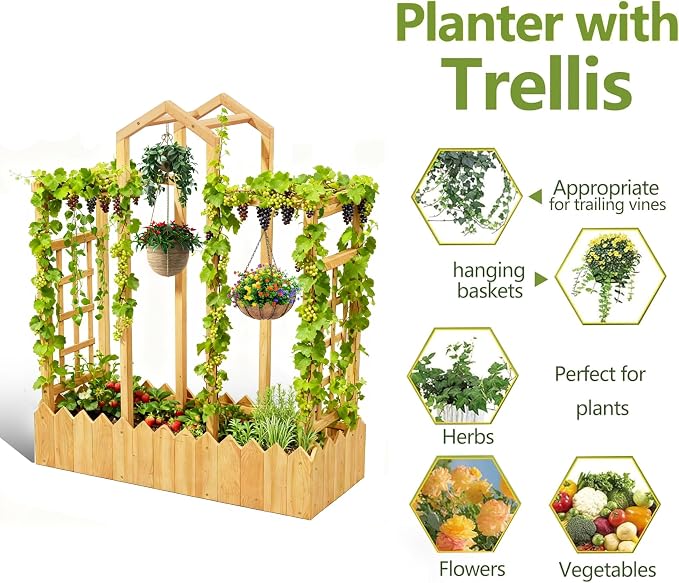 Raised Garden Bed with Arch Trellis, Wood Planter Box with Hanging Roof & Side Trellis, Above Ground Elevated Garden Bed for Outdoor Climbing Plants, Vines, Patio, Balcony