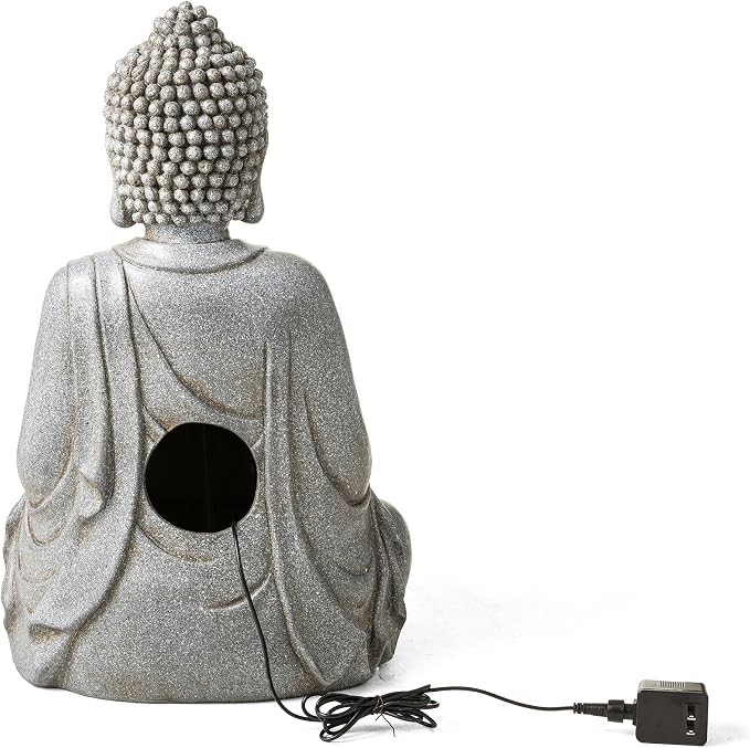 Glitzhome Buddha Fountain Outdoor with Pump & LED Light 23.25" H, 2-Tier Zen Style Concrete Meditating Buddha Statues Water Fountains Floor Fountains Buddhas Sculpture for Garden Patio Backyard