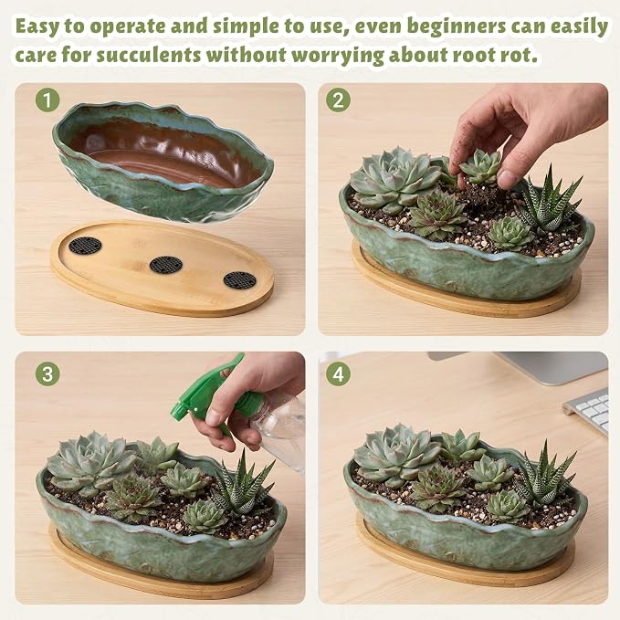 Succulent Pot 11 Inch Large Succulent Planters with Drainage Ceramic Bonsai Pot with Bamboo Tray Round Shallow Planter for Indoor Cactus Flower Planter Window Box for Home Garden Decor (Green)