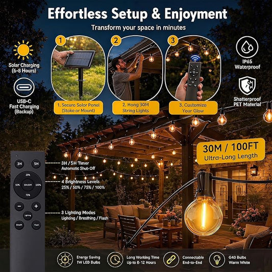 100FT Solar String Lights Outdoor Waterproof, G40 Patio Lights Shatterproof Bulbs with Remote Control, Dimmable Timer 3 Lighting Modes for Porch, Yard, Backyard, Garden, Camping Decor
