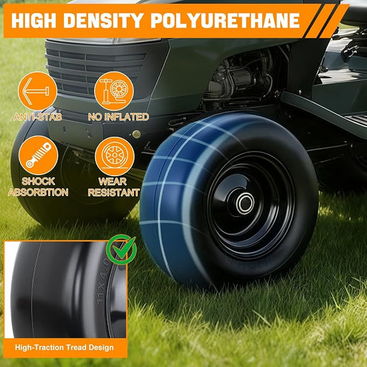 Yesker 11x4.00-5 Flat Free Lawn Mower Tire and Wheel Assembly with 3/4" Bearing Bore, 11x4-5nhs Solid Riding Lawnmower Tires with 3.4" Center Hub, 2 Pack