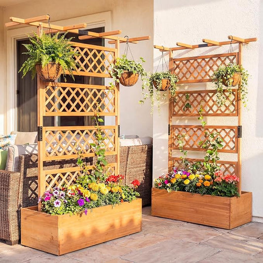 Giantex Raised Garden Bed with Trellis 2 Pack, 72'' Wooden Planter Box Outdoor w/Privacy Screen Roof, Large Vertical Garden Planter w/Drainage Holes for Climbing Plants, Patio Balcony Backyard