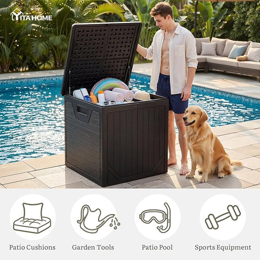 YITAHOME 150 Gallon Large Outdoor Storage Box w/Double Wall | Waterproof Deck Box with Hydraulic Piston for Garden Tools, Pool Accessories & Cushions, Resin Deck Organizer with Bench