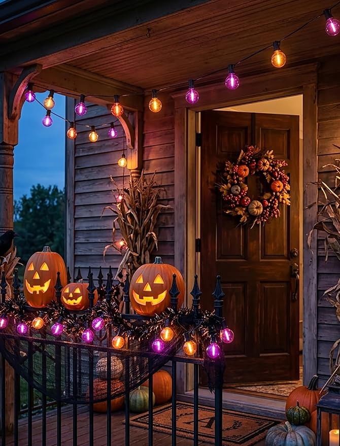 25 LED Outdoor String Lights, 25Ft Halloween Decoration Lights | Shatterproof Orange Purple G40 Bulbs, Connectable, Plug in, UL Certified, Hanging Halloween Lights for Home Decor Patio