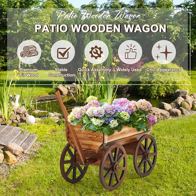 Beeveer Wooden Wagon Flower Planter Cart Garden Planter Box with Wagon Wheels Cart for Home Garden Outdoor Balcony Decorative, Patio Flowers Herbs Vegetables, Brown 29.5 x 17(Elegant)