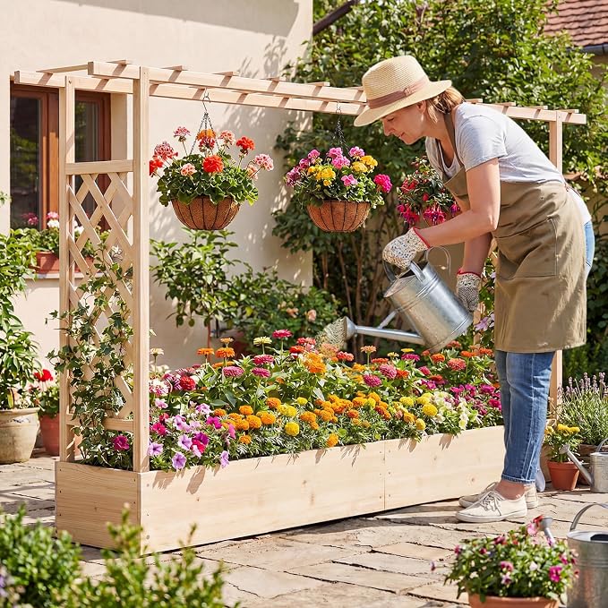 Giantex Wooden Raised Garden Bed with Trellis & Hanging Roof, 2 Pack Fir Wood Planter Box, 45” Freestanding Elevated Garden Bed for Outdoor Climbing Plants Vegetables Flowers, Patio & Balcony, Natural