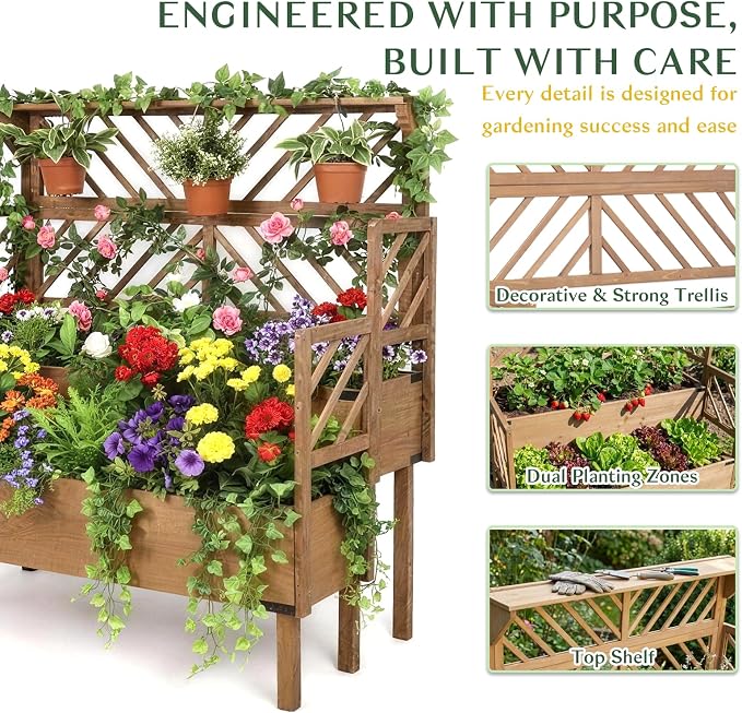 Raised Garden Bed Outdoor with Lattice Trellis, 47.2''H Wood Outdoor Flower Plant Stand with Two Planting Areas, Metal Reinforced, Liner, Elevated Garden Beds for Climbing Plants, Herb, Brown