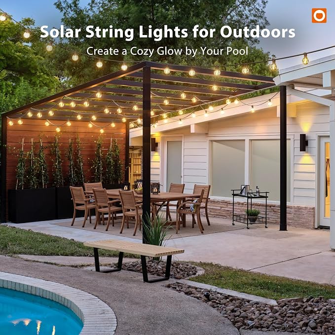 addlon 100FT Solar String Lights Outdoor with Remote, 54 LED Shatterproof Bulbs, USB Charging, 20+ Hour Runtime, Dimmable & Timable, G40 Waterproof Solar Lights for Outside Backyard Patio Garden Decor