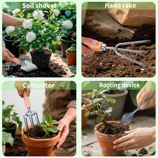 Garden Tool Set with Bag and Gloves, Stainless Steel Gardening Tool Set, Ideal Gardening Gifts for Women and Men, Set of 9