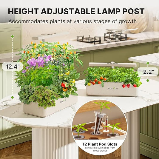 SUNCOZE Hydroponics Growing System Kit 12 Pods, 24W LED Grow Light Indoor Garden, 4L Water Tank with Quiet Pump, Adjustable Height Herb Garden Planter Indoor Kit, Gardening Gifts, Beige