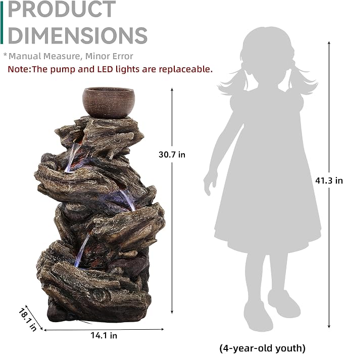 33" Rustic Tree Trunk Outdoor Water Fountain with Planters, Handcrafted 5-Tier Cascading Water Feature with Moss & LED Lights, Relaxing Tranquil Decor for Garden Yard Patio Porch