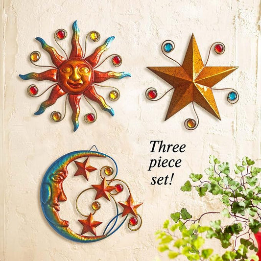 Limygus Set of 3 Celestial Sun Moon Star Metal Silhouette Wall Art, Waterproof Hanging Decor for Home Bedroom Bathroom Office