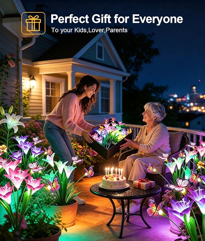 KOOPER Solar Lights Outdoor Garden Decor 6 Pack, 24 Lily Flowers and 18 Swaying Butterflies, IP65 Waterproof 7 Color Changing Solar Flower Lights for Yard Patio Pathway, Gifts for Mom Women Grandma